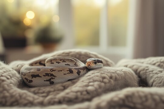 Ball python resting on a soft, knitted blanket, basking in warm, diffused sunlight from a nearby window, creating a tranquil and serene indoor atmosphere