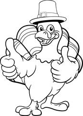 A turkey pilgrim hat Thanksgiving cartoon bird Christmas mascot giving a thumbs up