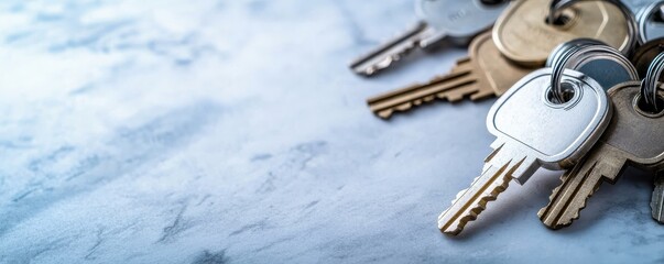 risk management analysis training concept. A close-up of various keys resting on a smooth surface, showcasing a mix of shapes and sizes, emphasizing their metallic texture and functionality.