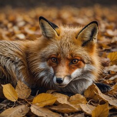 Obraz premium A red fox curled up on a bed of golden autumn leaves.