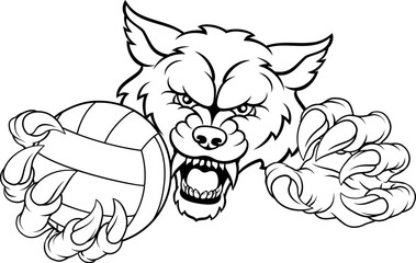 A wolf or werewolf dog volleyball animal sports mascot holding a volley ball in his claw