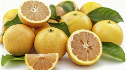 Fresh light yellow-orange grapefruits, some halved and sliced, accompanied by vibrant green leaves, AI generated