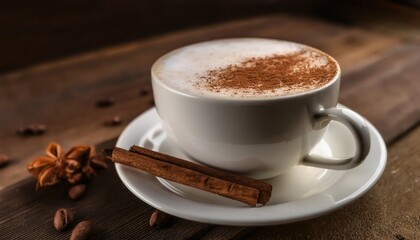 Aromatic firefly coffee made with milk and cinnamon served in a chic ceramic cup on a rustic wooden table