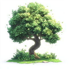 vibrant tree with lush green leaves and twisted trunk, surrounded by grass