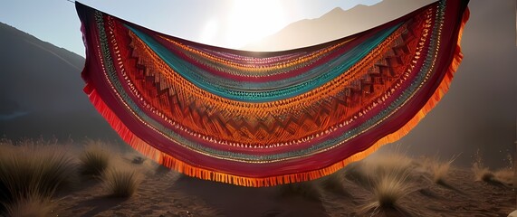A colorful woven shawl hanging to dry on a sunny day filled with vibrant designs