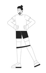 Obraz premium Caucasian man exercising with resistance band around knees black and white 2D line character. Lower body workout. Personal trainer isolated vector outline person. Monochromatic spot illustration