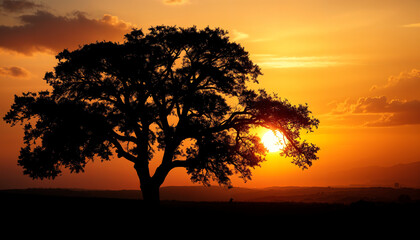 Fototapeta premium Silhouette of a lone tree against a golden sunset