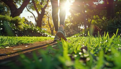 Outdoor scene picture of person jogging along a winding path in a park. Skillful athlete do physical exercise inside resident for healthy life and strong body. Routine run workout for strength. AIG61.