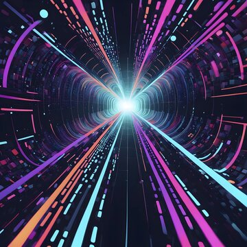 Abstract data stream flowing like liquid light, with sharp lines of code and binary numbers cascading in bright neon colors, AI generated