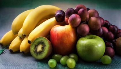 Bright and colorful fruit arrangement featuring apples, grapes, bananas, and kiwi on a textured surface