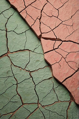 Abstract patterns of cracks in clay ground with vibrant green and orange sections