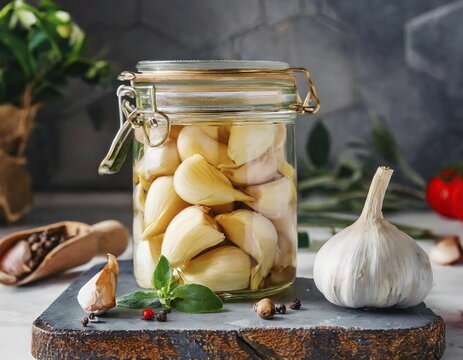 Food, spices, garlic, Allium sativum, pickled garlic in a jar, AI generated, AI generated
