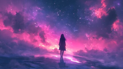 This image depicts a solitary figure standing before a vast, dreamlike expanse of clouds and stars.