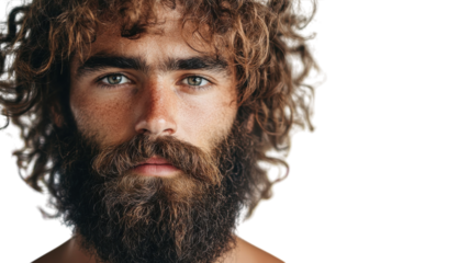 Young man with curly hair and thick beard gazes directly at the viewer against a plain background