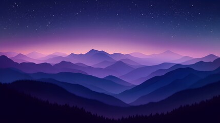 Fototapeta premium A serene, stylized mountain landscape at twilight or dawn with layered silhouettes of mountains against a gradient sky of purples and pinks, dotted with stars.