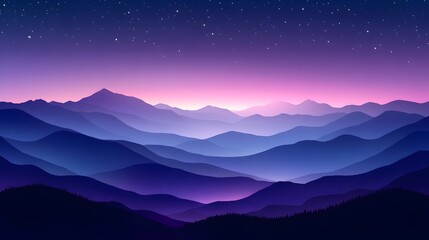 A serene, stylized mountain landscape at twilight or dawn with layered silhouettes of mountains against a gradient sky of purples and pinks, dotted with stars.
