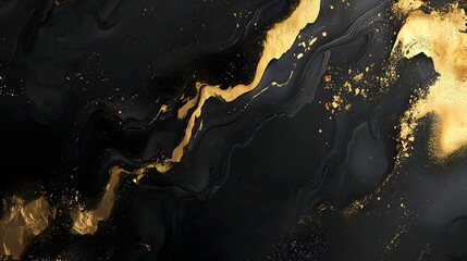 An abstract background featuring swirling gold paint or ink against a dark, textured black surface, with subtle gold specks or glitter adding to the luxurious feel.