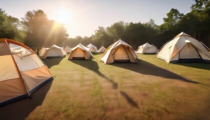 Firefly tents create a cozy camping atmosphere in a vibrant outdoor setting during the day