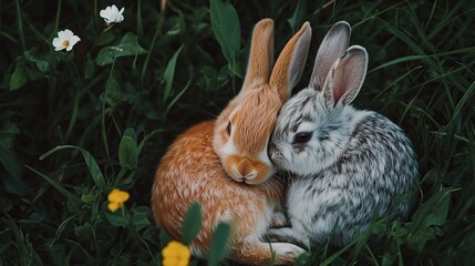 Two bunnies cuddling in meadow wildflowers, springtime