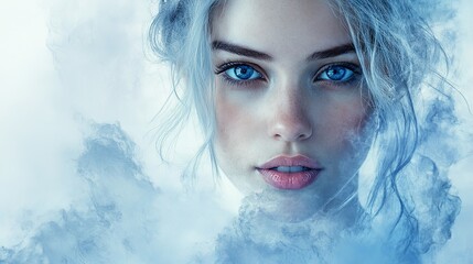 Ethereal Ice Princess with Mesmerizing Blue Eyes – Dreamy Ethereal Ice Princess Portrait, Close-Up Ethereal Ice Princess Face, Fantasy Ethereal Ice Princess Art
