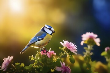 Obraz premium Blue tit sitting in a blooming garden expressing summer wildlife, AI generated
