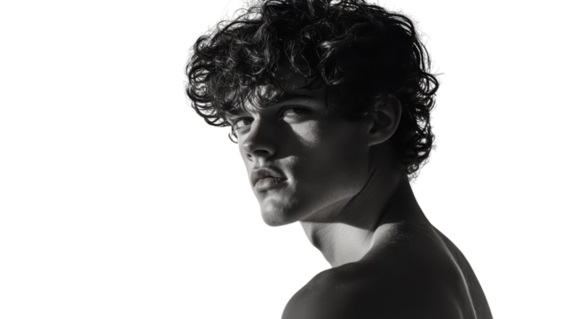 Young man with curly hair gazing thoughtfully towards the light in a high-contrast black and white setting - Powered by Adobe