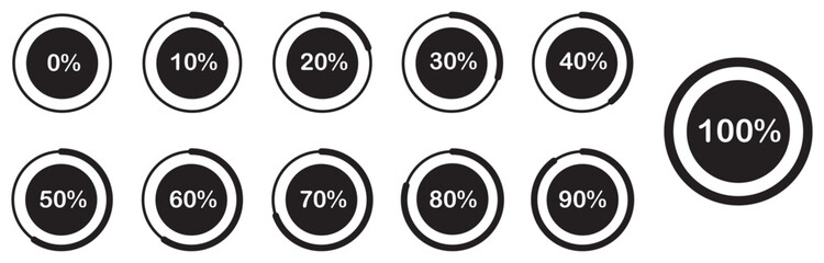 Pie chart icons collection from  0 to 100%.  Set of circle percentage diagrams from 0 to 100 for infographics set. user UI interface or infographic - indicator with black colors. 