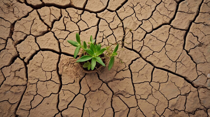 Abstract patterns of cracks in clay ground with small green plant, hope and renewal theme