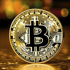 Symbol image for Bitcoin, cryptocurrency, close-up, golden coin in front of blurred bokeh, AI generated, AI generated, AI generated