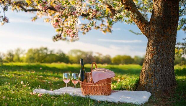 Romantic picnic under the blooming tree with champagne, glasses, and a wicker basket