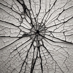 Abstract patterns of cracks in clay resembling shattered glass, high-contrast fractured surface