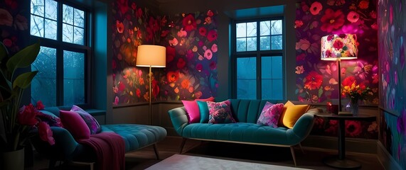 Naklejka premium A cozy reading nook surrounded by floral wallpaper and brightly colored cushions
