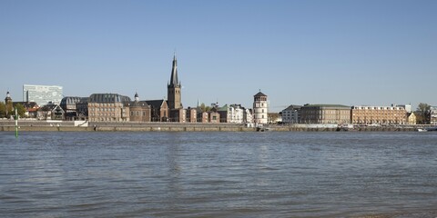 Fototapeta premium Rhine promenade, Lambertus Basilica, Maritime Museum, Castle Tower, Düsseldorf, North Rhine-Westphalia, Germany, Europe