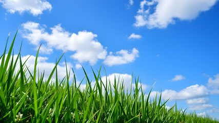Fototapeta premium Green grass and blue sky with white clouds