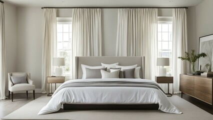 Empty modern bedroom with a large, plush bed covered in white linens, a single framed artwork on the wall, and natural light filtering through sheer curtains, AI generated