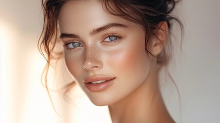 Naklejka premium Professional Headshot of a Beautiful Woman Applying Moisturizer, Soft and Natural Glow