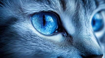 Gray cat with bright blue eyes, close up portrait