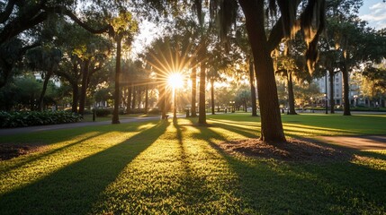 Fototapeta premium Majestic Sunrise in Savannahs Historic Park: Golden Rays Through Ancient Oaks