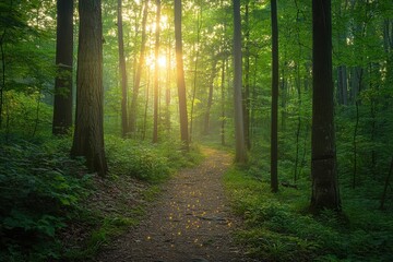 Sunlit forest path at sunrise with lush greenery and shadows in peaceful woodland