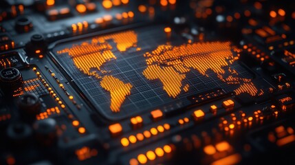 Global network chip, glowing map, circuit board, data flow