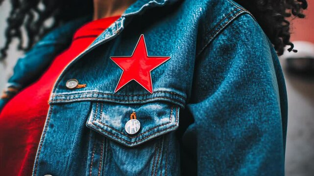 Vintage denim jacket adorned with red star patch worn by a person in a vibrant urban setting