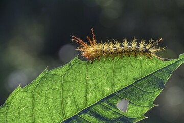 Colorful caterpillar with spines on one leaf, Iguazu Falls, Puerto Iguazu, Argentina, South America