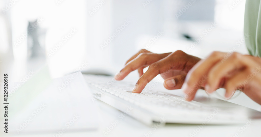 Poster hands, keyboard and typing with business person at desk in office for administration or report close