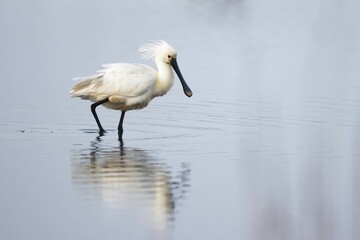 Common spoonbill (Platalea leucorodia), passes through water, Texel, West Frisian Islands, Province of North Holland, Netherlands