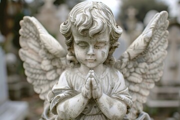 Fototapeta premium Close up of praying angel child statue at cemetery, Generative AI, AI generated