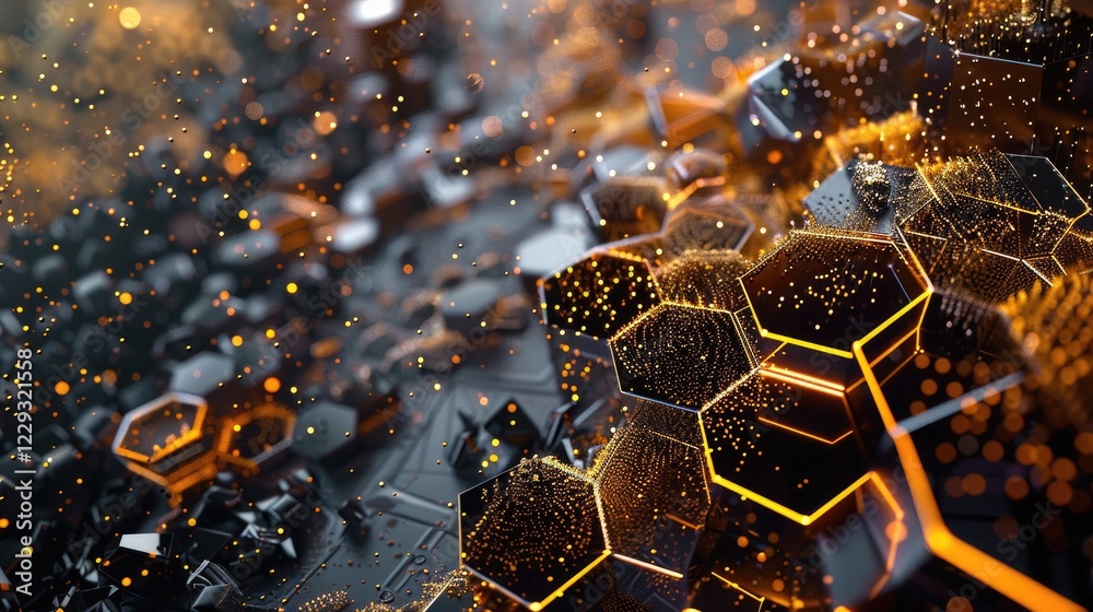 Poster explore a vibrant 3d composition featuring metallic elements. the captivating design combines glowin