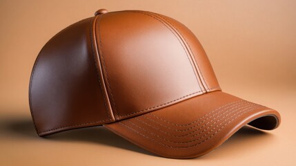 handcrafted luxury leather cap, smooth and shiny texture, stylish brown tone, elegant design