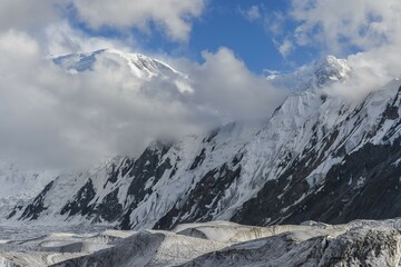 Engilchek Glacier and Khan Tengri Mountain, Central Tian Shan Mountain range, Border of Kyrgyzstan and China, Kyrgyzstan, Asia