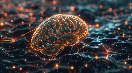 An abstract 3D rendering of a human brain, made of glowing dots.