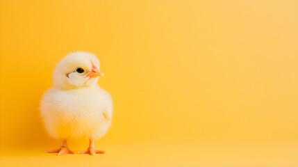 Little newborn chicken on yellow background. Yellow bird on spring sunny backdorp. Happy Easter concept. Banner, card with cute funny chick pet. Organic farm, love animals theme with copy space.